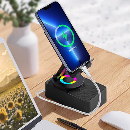 Bluetooth Audio Power Phone Holder with Rotating Stand and Wireless Speaker - Adjustable and Foldable Cell Phone Stand