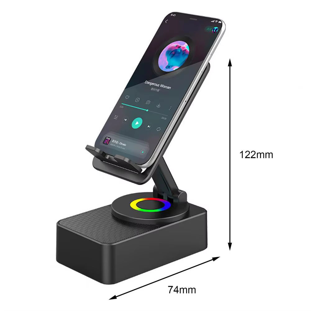 Bluetooth Audio Power Phone Holder with Rotating Stand and Wireless Speaker - Adjustable and Foldable Cell Phone Stand