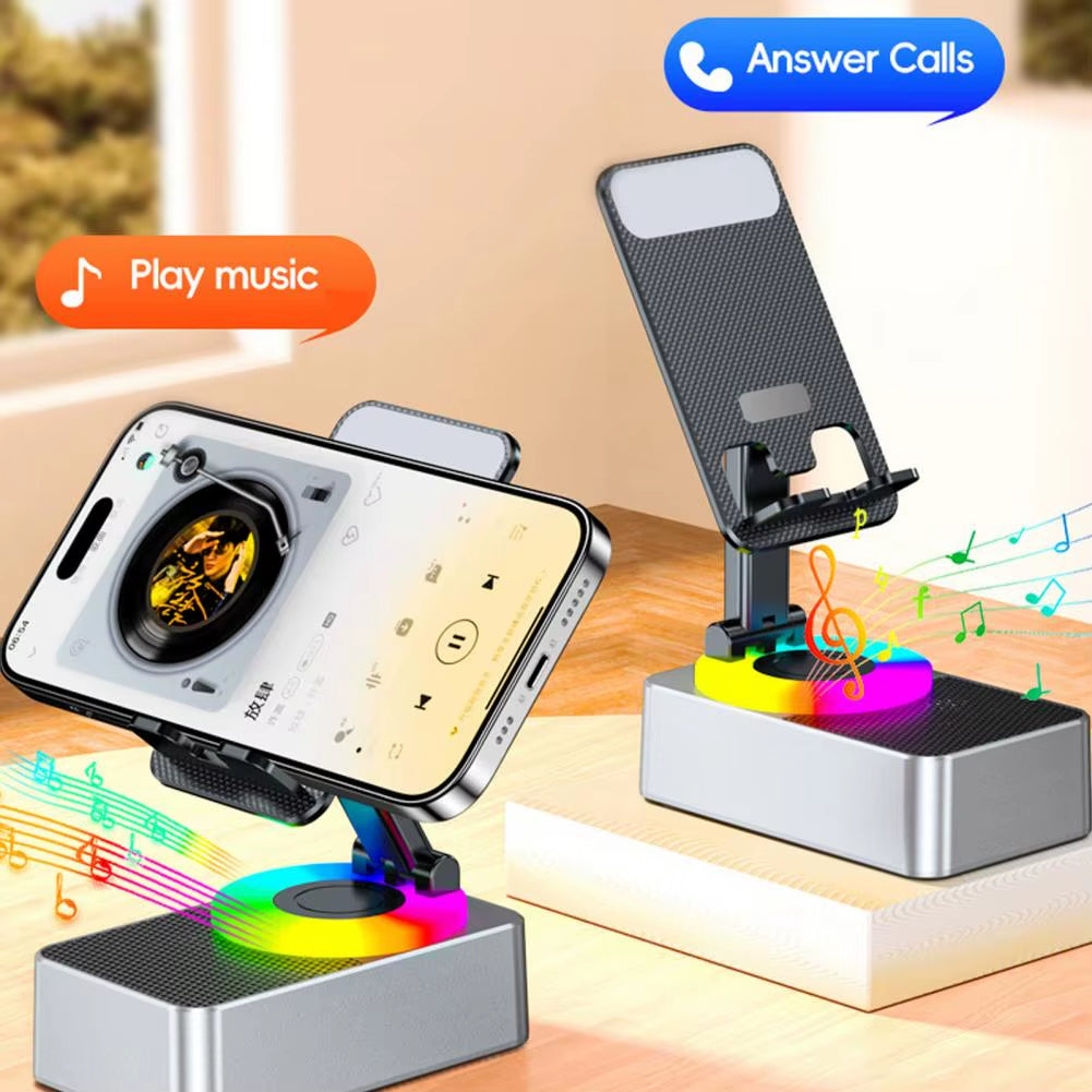Bluetooth Audio Power Phone Holder with Rotating Stand and Wireless Speaker - Adjustable and Foldable Cell Phone Stand