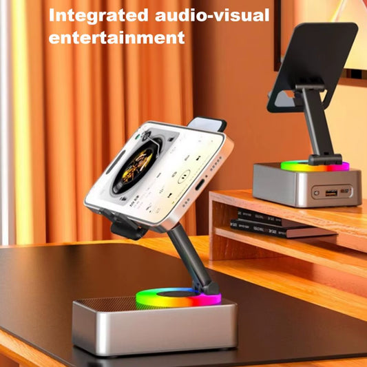 Bluetooth Audio Power Phone Holder with Rotating Stand and Wireless Speaker - Adjustable and Foldable Cell Phone Stand