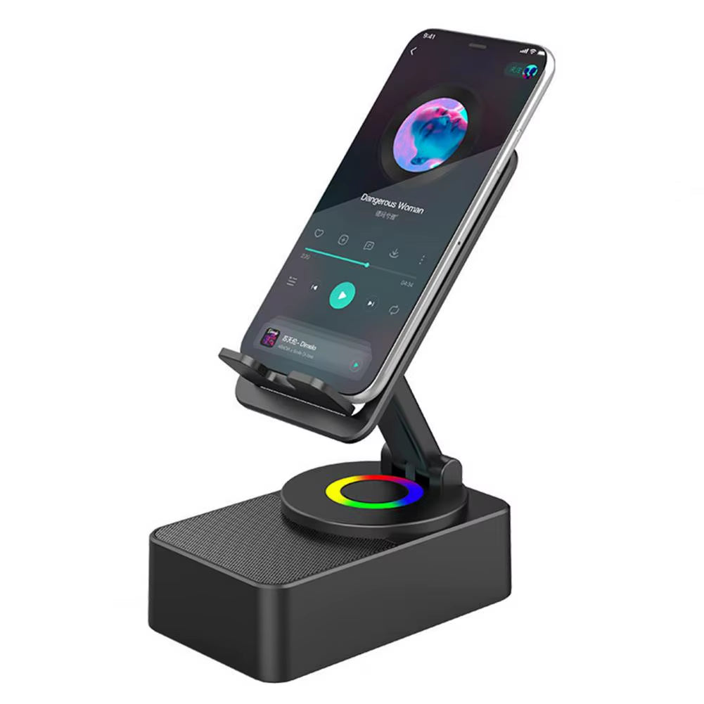 Bluetooth Audio Power Phone Holder with Rotating Stand and Wireless Speaker - Adjustable and Foldable Cell Phone Stand